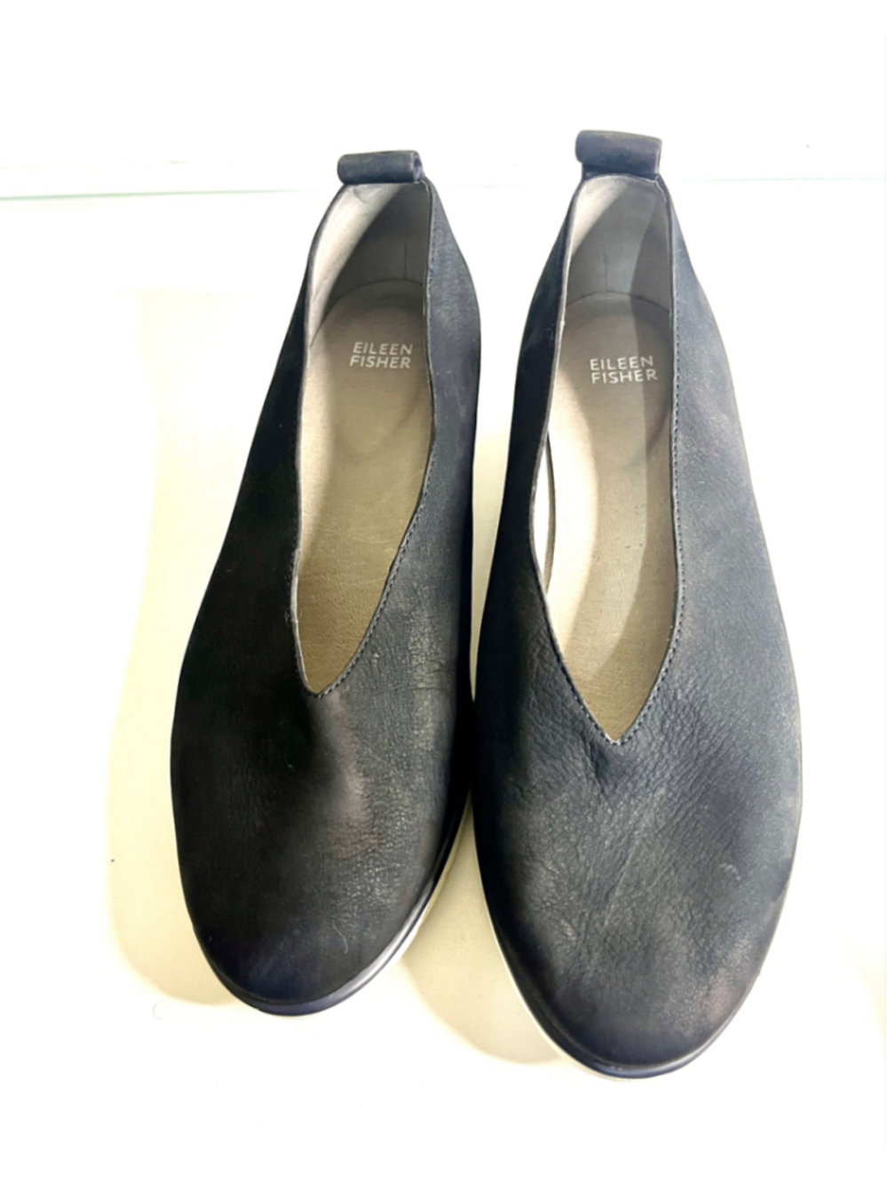 Eileen Fisher Humor Black Leather Wedge Ballet Flats Women Size 10.